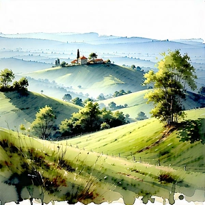 Nature Watercolor Painting: Rolling hills during midday