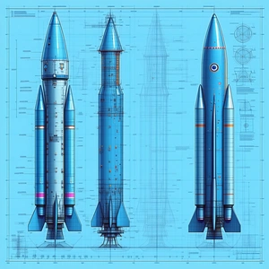 A Blue Rocket Ship Is Shown In Three Different Stages Of Its Development