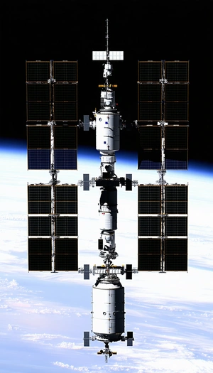 A Large Space Station Is Seen In The Image, With A Satellite Dish On Top Of It