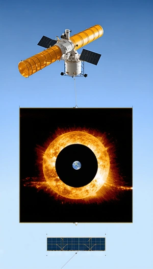 A Large Satellite Is Suspended In The Air, With A Space Shuttle And A Space Station Nearby