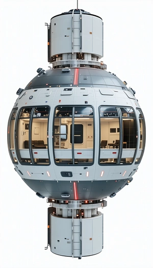 The Image Is A 3d Model Of A Space Station, Showcasing A Large White Dome With A Circular Window