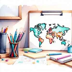 Business Pastel Drawing: Workplace With Productivity Tools On Desk With Whiteboard World