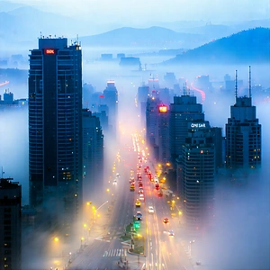 Urban Oil Painting: Cityscape Of Modern Metropolis During Foggy Morning With Nighttime View