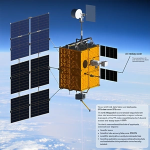 A Small Satellite In Space, With A Large Antenna Attached To It