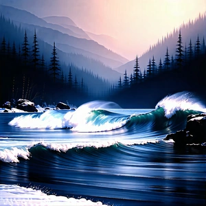 Nature Woodcut Print: (ocean:1.39) waves surrounded by snow-covered trees