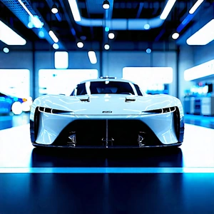 Tech Octane Render: Automotive Technology In Research Center With White Sports