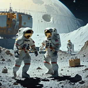 In The Image, There Are Two Astronauts Standing On The Moon, Both Wearing White Suits