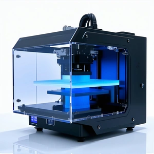 A Large, Blue, Three-dimensional Printer Sitting On A White Surface