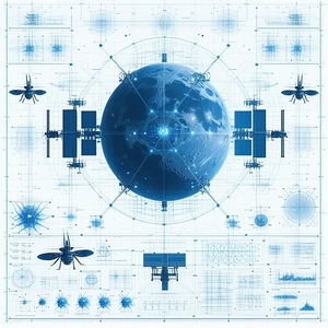 The Image Is A Blue And White Drawing Of A Space Station, With A Large Blue Globe In The Center