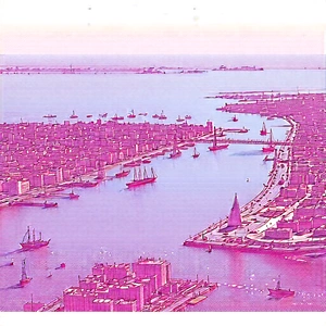 Urban Ink Drawing: Aerial view of harbor district