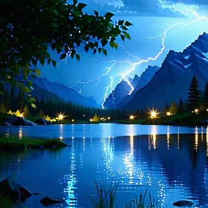 Nature Low Poly: Lightning Over Alpine Lake With Image, There