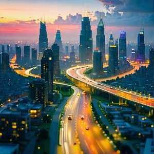 Urban 3d Render: Cityscape Of (modern:1.5) Metropolis During Sunrise With Futuristic Cityscape