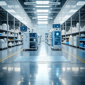 Tech Tilt-shift Photography: Healthcare Technology In Manufacturing Facility With Large, Clean,
