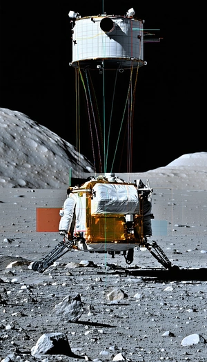 A Spacecraft On The Moon, With A Large Rocket Ship Visible In The Foreground