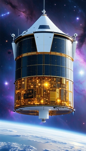 A Large Satellite Dish With A Gold And White Color Scheme