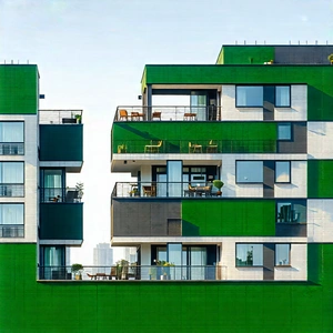 Urban Oil Painting: Modern apartment complex with green rooftop