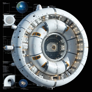A Large White Spacecraft Is Shown In A Cross-sectional View