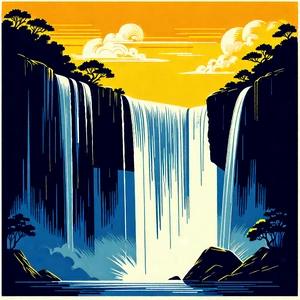 Nature Linocut Print: Waterfall In Rainy Season With Painting Waterfall,