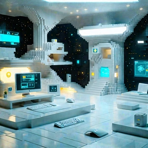 (futuristic:1.11) tech startup office