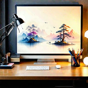 Lifestyle Pastel Drawing: Home Office With Warm (lighting:1.27) With Computer Monitor