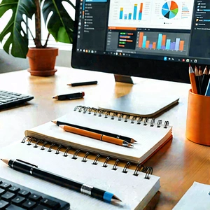 Business Infographic Style: Workplace with notebooks and pens on desk