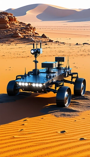A Large, Futuristic-looking Vehicle With Four Wheels, Sitting On A Sandy Surface