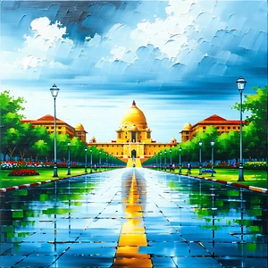 Urban Oil Painting: Famous Building With (rain:1.19)-slicked Streets With City Street