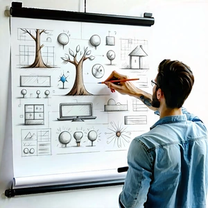 Business 3D Render: Creative professional using digital whiteboard