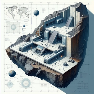 A Blueprint Of A Futuristic Building Is Shown, With A Large Rock In The Foreground