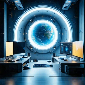 Tech Drone Photography: (futuristic:1.12) (digital:1.14) Workspace With Image, There