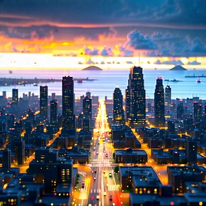 Urban Graphic Design: Cityscape Of Downtown District During (sunset:1.28) With Beautifully Drawn