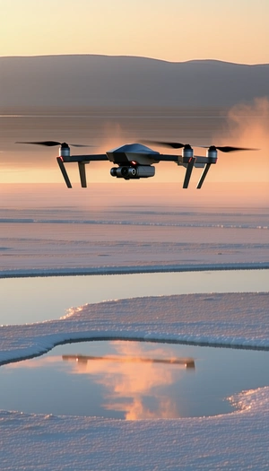 A Large Drone Flying Over A Frozen Lake