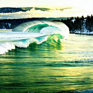 Nature Commercial Photography: Ocean Waves Surrounded By (snow:1.17)-covered (trees:1.21) With Large Wave