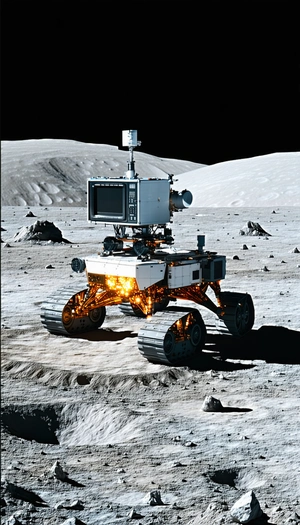 A Robotic Vehicle Is Parked On The Moon, With A Television Monitor Mounted On Its Front