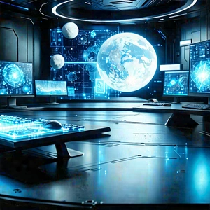 Futuristic Digital Workspace With Image, There