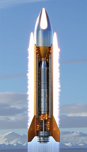 A Rocket Is Shown In A Close-up View, With Its Engine Lit Up