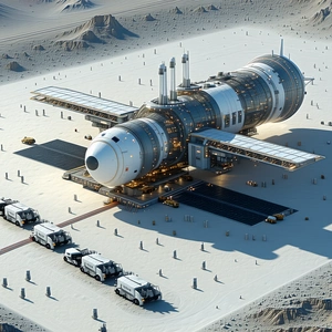 In The Image, There Is A Large White Spacecraft Parked In A Desert-like Environment