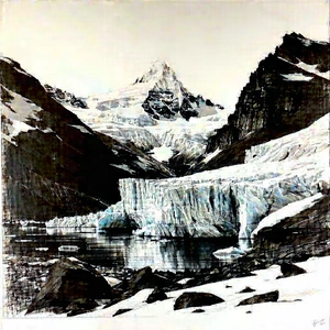 Nature Charcoal Drawing: Glacier In Summer With Large Mountain