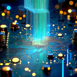 Circuit Board With Data Streams With Close-up Computer