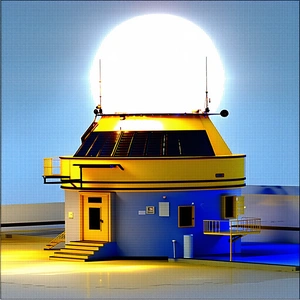A Large Yellow Structure With A Blue Roof Is Situated In A Field