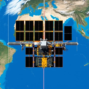 A Satellite In Space, With A Large Antenna Extending From It