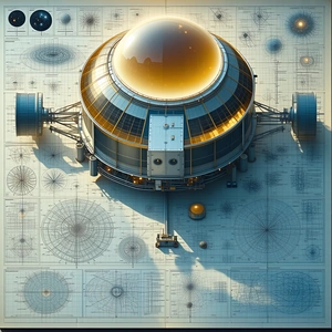 A Large, Round, And Shiny Structure Is Depicted In A Blue And White Drawing