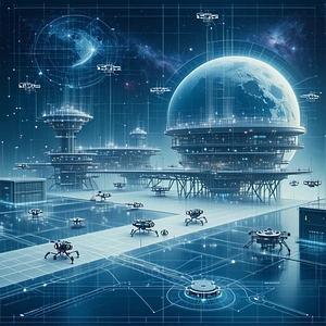 In This Futuristic Scene, A Large Space Station Is Surrounded By Numerous Small Drones