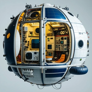 In The Image, There Is A Large, Round, White Spacecraft With A Blue And White Exterior