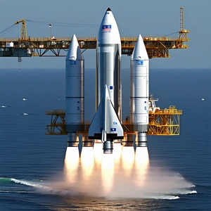 A Large Rocket Ship With Three Boosters Attached To Its Side, Floating In The Ocean