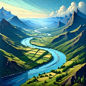 Nature Woodcut Print: Aerial View Of Winding River With Painting Beautiful