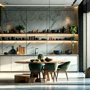 Lifestyle Stock Photography: (modern:1.41) Kitchen With Minimalist Decor With Large, Modern