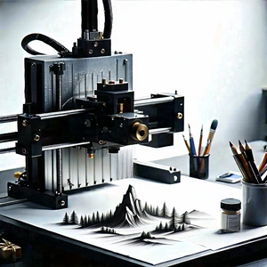 Tech Charcoal Drawing: 3d Printer With Holographic Projection With Printer Shown