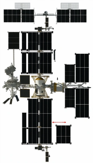 The Image Is A Detailed Illustration Of A Space Station, Showcasing Its Various Components