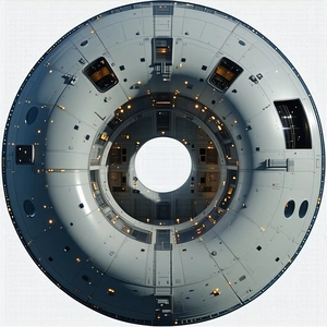 The Image Is A Close-up Of A Large, Round, Metallic Structure, Possibly A Spacecraft Or A Satellite